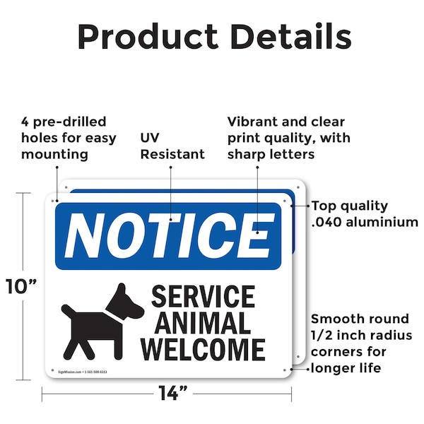 Service Animals Welcome, 14 In W X Rectangle, Aluminum